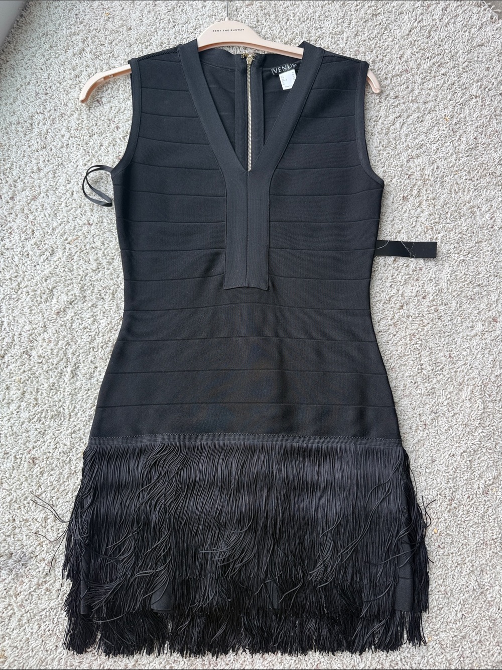 VENUS Black Sleeveless Fringe Bandage Mini Dress